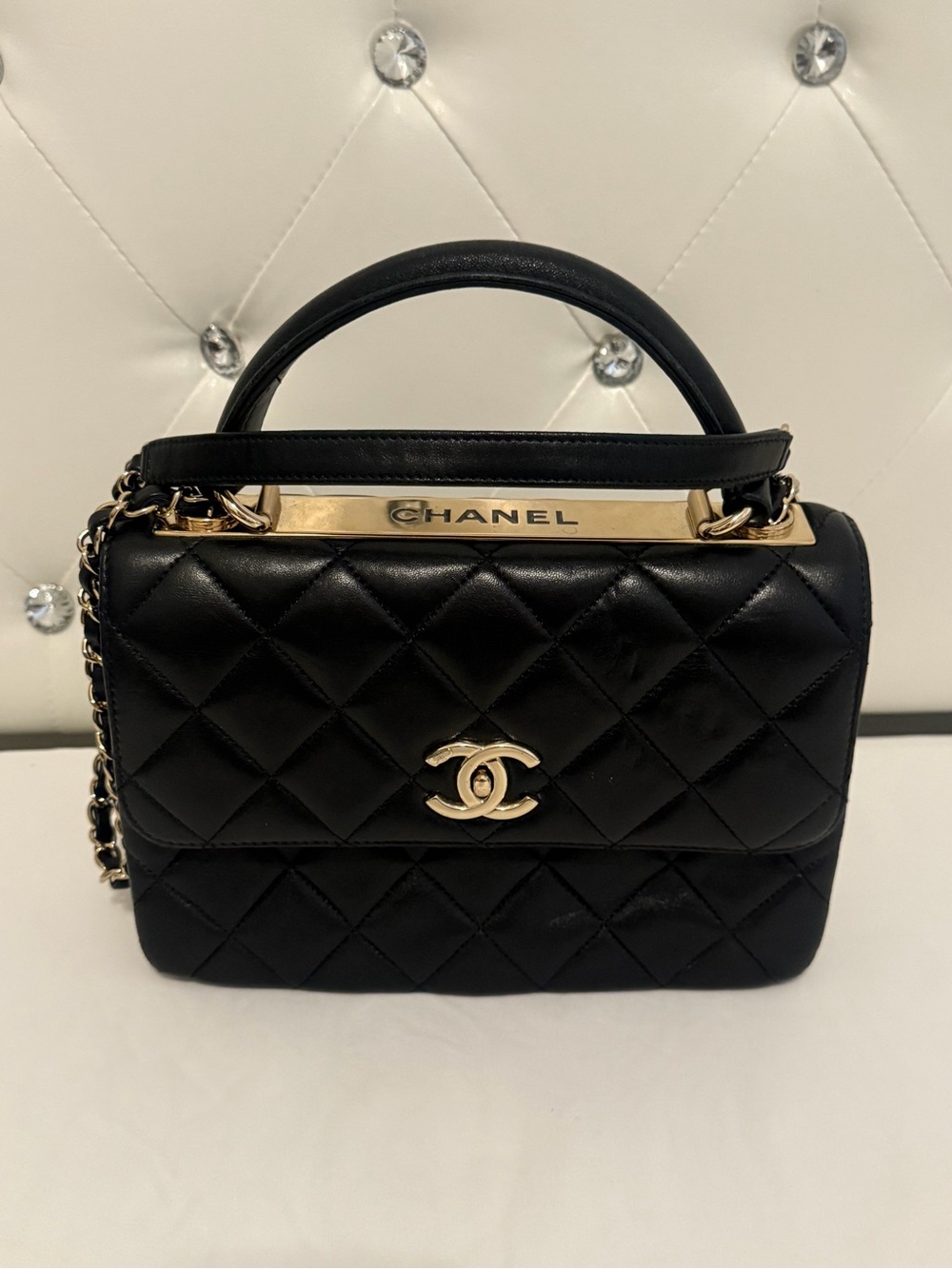 CHANEL Black Quilted Leather Top Handle Satchel with Gold Hardware